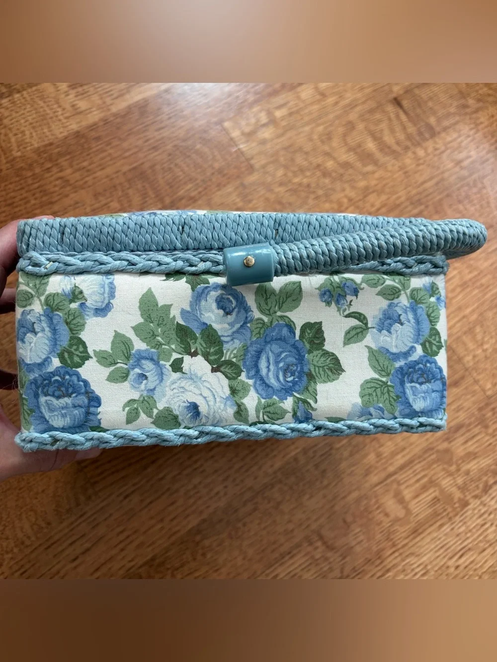 Vintage Floral Quilted Fabric Sewing Box Basket Blue Cottagecore Country Chic
